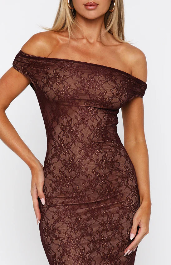Defied The Odds Off Shoulder Lace Maxi Dress Wine