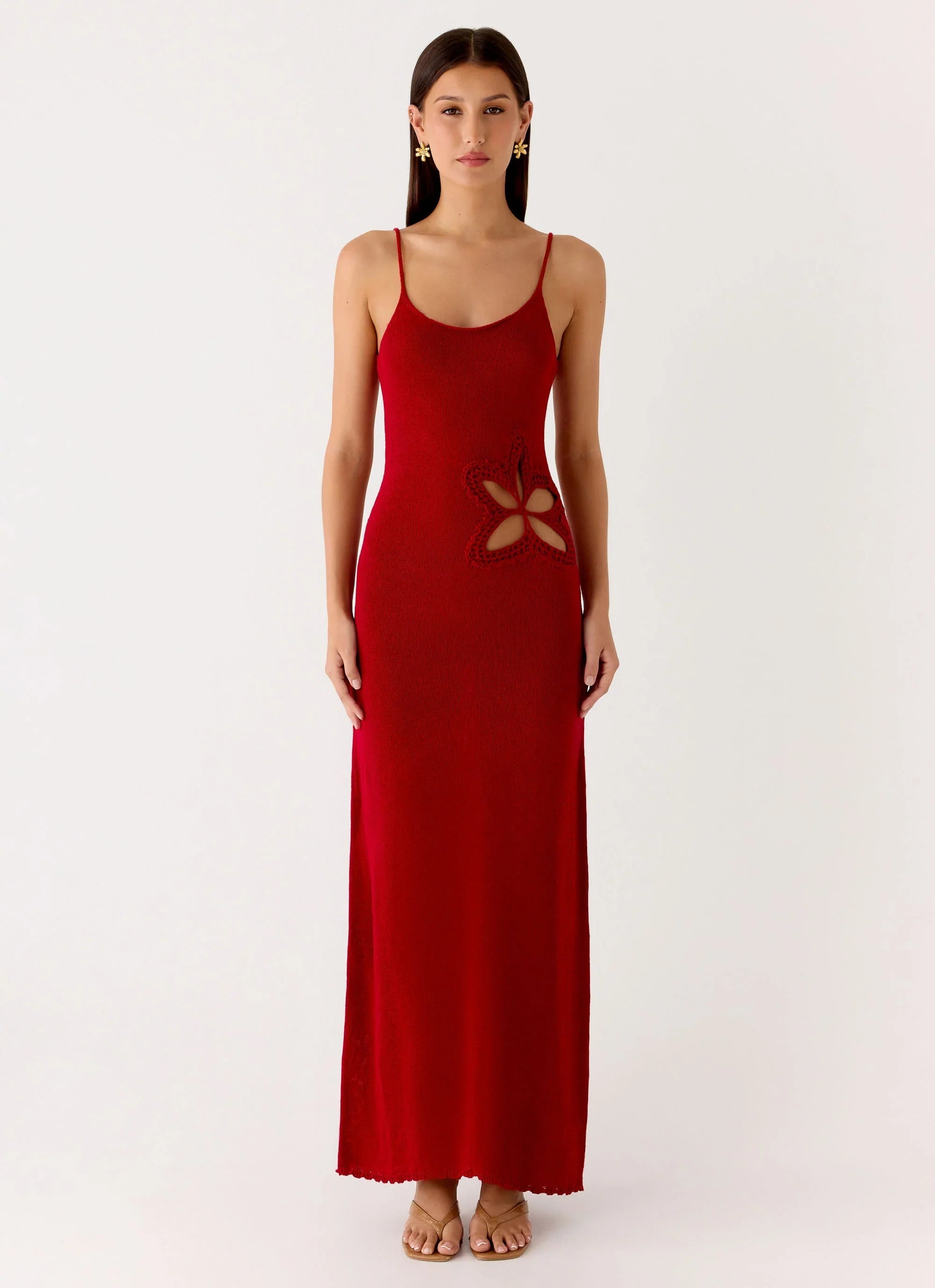 Palm Breeze Flower Crochet Maxi Dress - Burnt Red