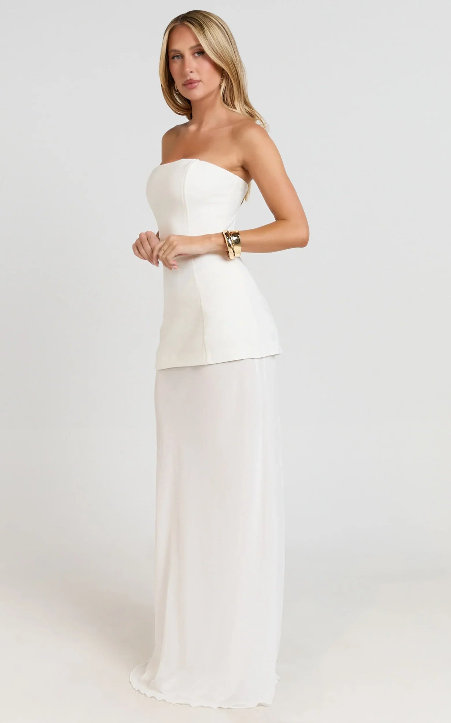 Keyla Maxi Dress - Strapless Contrast Skirt Dress in Ivory